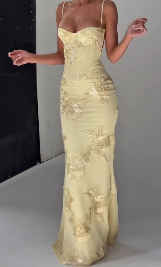 Cute Yellow Spaghetti Straps Sweetheart Neck Satin Mermaid Evening Dress Long Wedding Guest Dress SP388