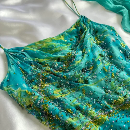 Unique Green Chiffon Beaded Ruffles Long Birthday Party Dress Prom Dress Y9741