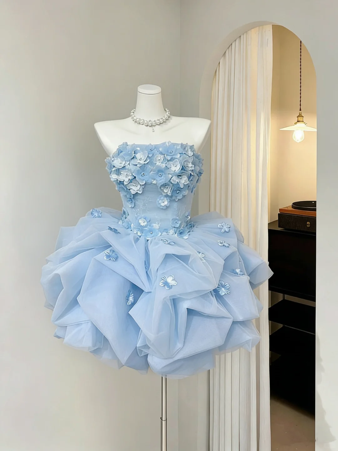 Elegant Blue Strapless Tulle Pleated Floral Short Homecoming Dress Cocktail Dress SP2628