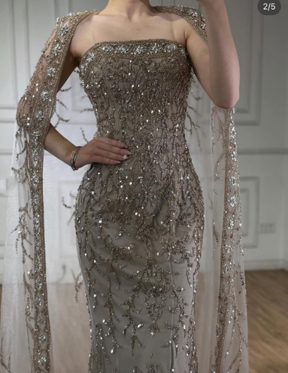 Gorgeous Strapless Gray Tulle Beaded Mermaid Long Party Dress Prom Gown SP1348