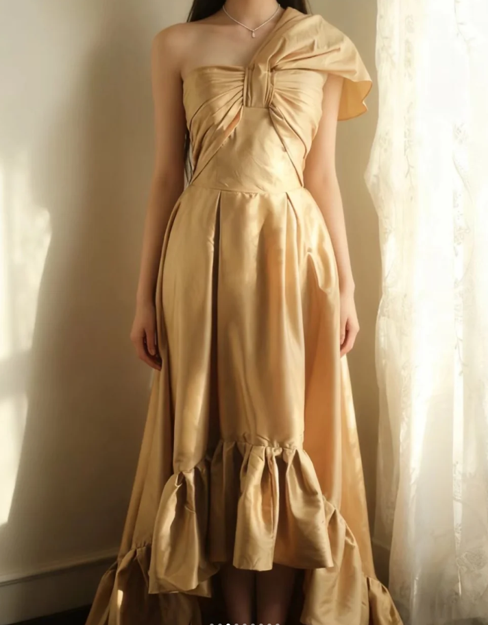 Classy One Shoulder Satin Ruffles Mermaid Long Evening Dress Wedding Guest Dress SP1026