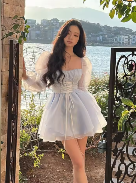 Blue A-line Princess Dress,Blue Long Sleeves Homecoming Dress,Blue Fairy Dress Y6083