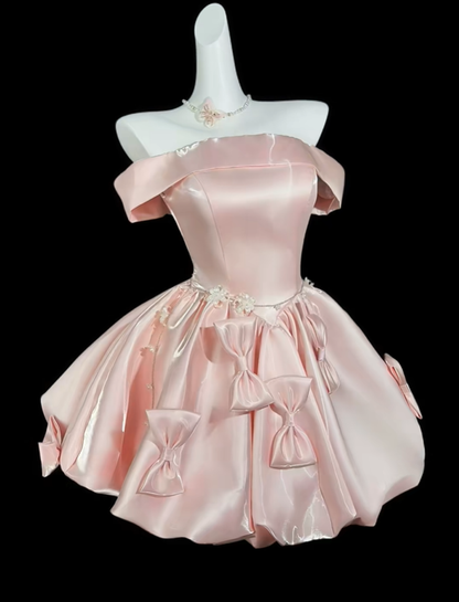 Cute Off The Shoulder Pink Satin Bow A Line Short Homecoming Dress Birthday Dress SP3526