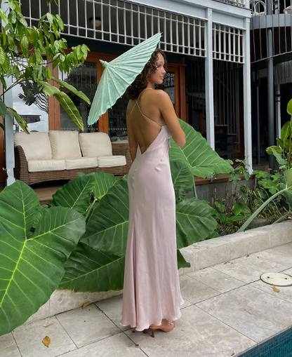 Classy Spaghetti Straps Pink Backless Evening Dress Long Prom Dress Y8293