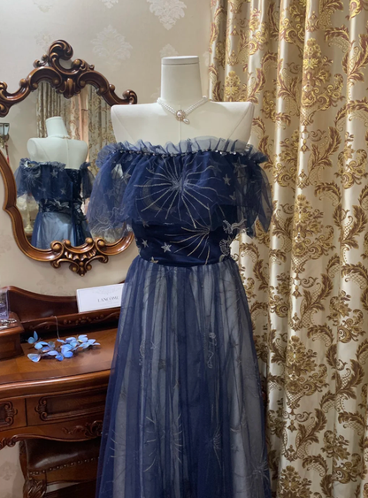 Glamorous Off The Shoulder Tulle A Line Long Wedding Guest Dress Navy Blue Birthday Prom Dress Evening Gown SP1609