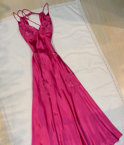 Charming Hot Pink Long Evening Gown Beaded Prom Dress Party Dress Y7526