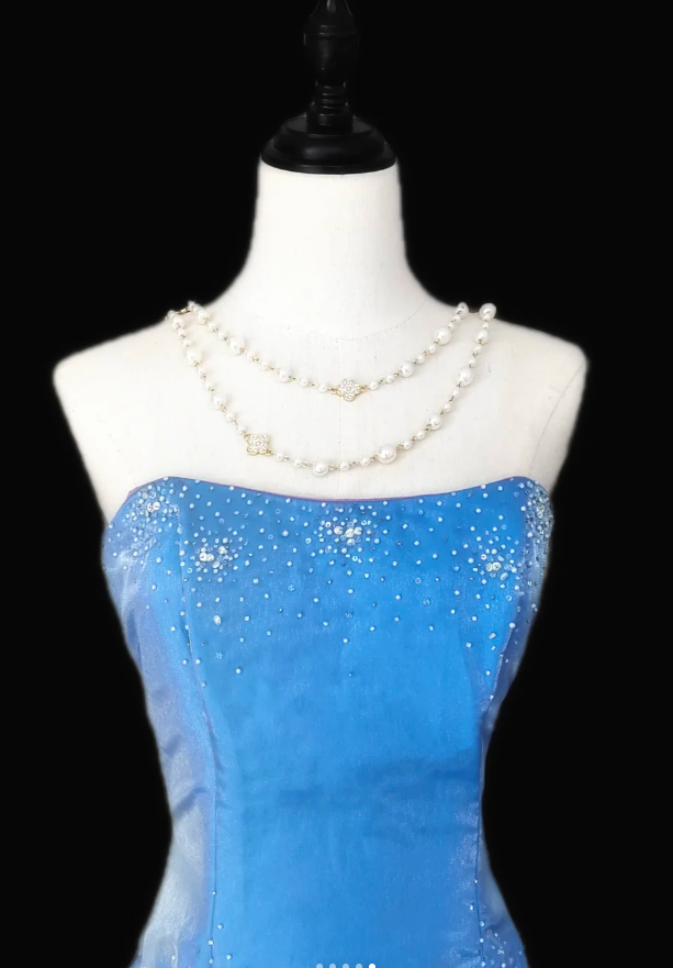 Elegant Blue Satin Pleated Strapless Mermaid Prom Dress Birthday Party Gown SP513