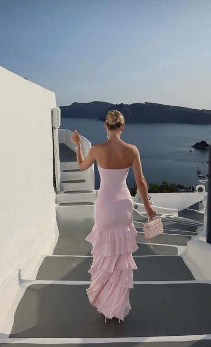 Classy Strapless Pink Chiffon Ruffles Layered Mermaid Party Dress Slit Long Wedding Guest Dress SP1127