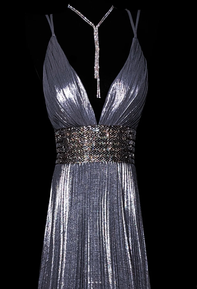 Chic Silver Gray Deep V Satin Pleated Beaded Evening Dress Formal Birthday Prom Dress SP478