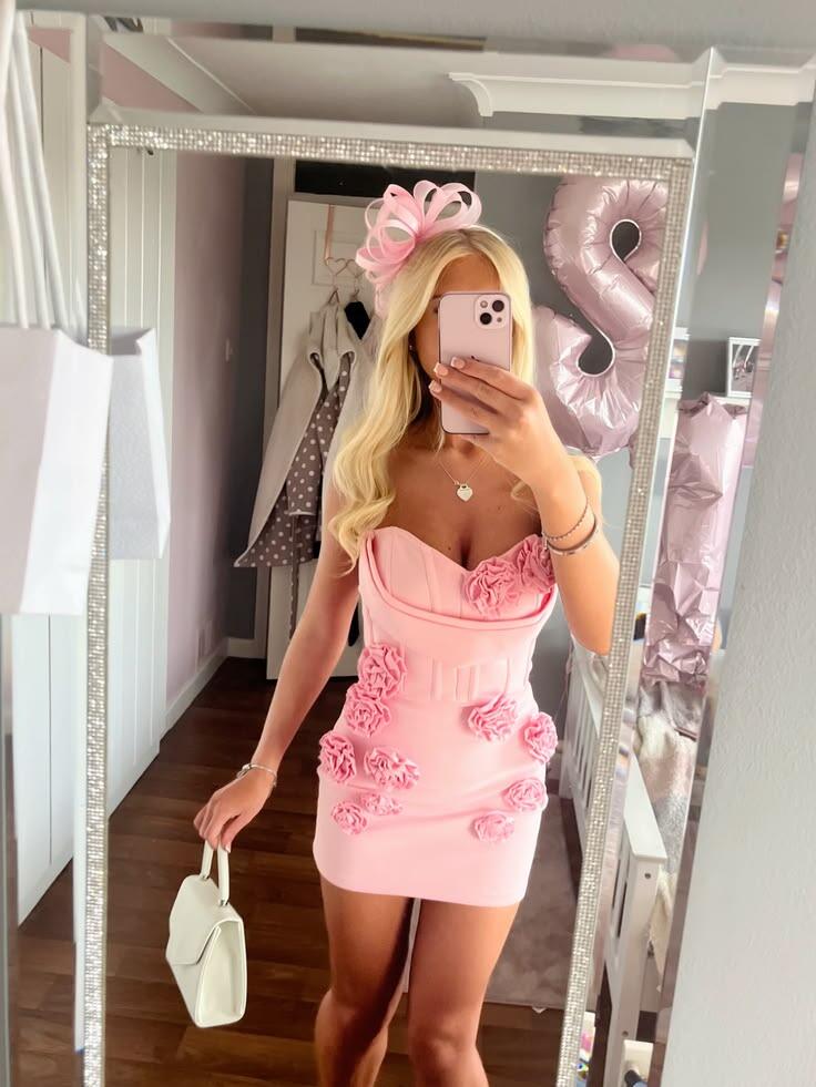 Unique Satin Sheath 3D Floral Mini Prom Dress,Pink Short 6th Grade Homecoming Dress SP3293