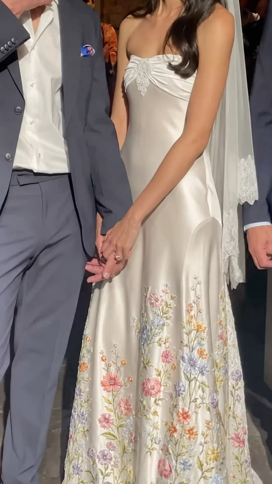 Classy Strapless White Satin Embroidered Floral Mermaid Long Wedding Dress SP4305