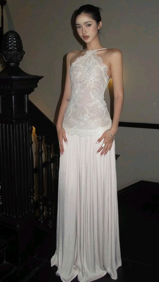 Sexy White Sleeveless Lace Satin Long Evening Dress Birthday Outfits SP697