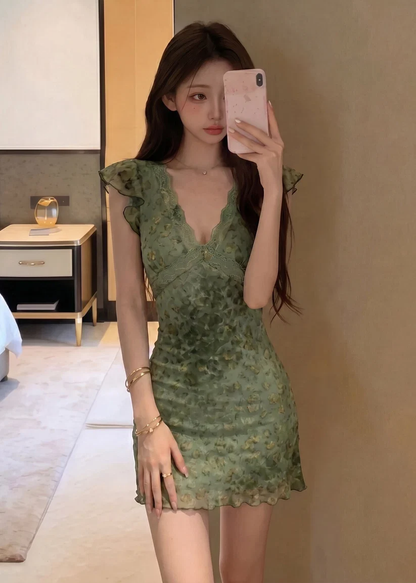 Vintage Green Lace V Neck Chiffon Floral Short Graduation Homecoming Dress,Mini Prom Gown SP3350