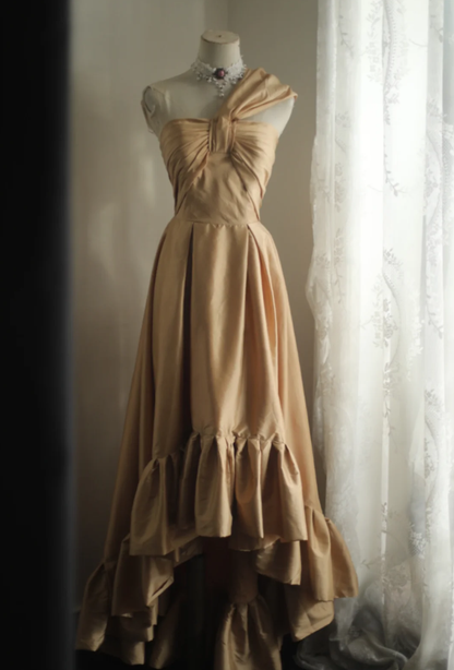 Classy One Shoulder Satin Ruffles Mermaid Long Evening Dress Wedding Guest Dress SP1026