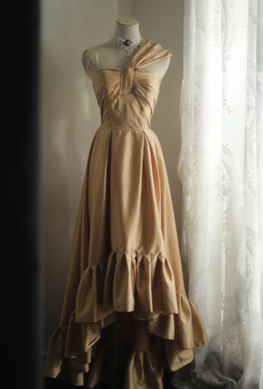 Classy One Shoulder Satin Ruffles Mermaid Long Evening Dress Wedding Guest Dress SP1026