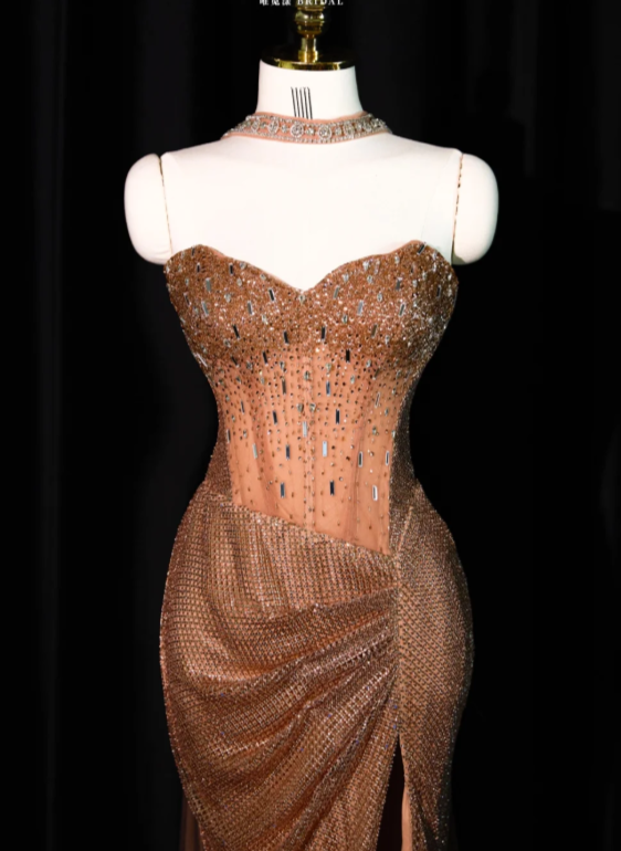 Gorgeous Strapless Sequin Beaded Slit Mermaid Evening Dress Long Prom Gowns With Scarf SP2234
