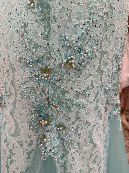 Beauty Strapless Tulle Lace Beaded Long Prom Dress Blue Mermaid Long Birthday Party Dress SP3836