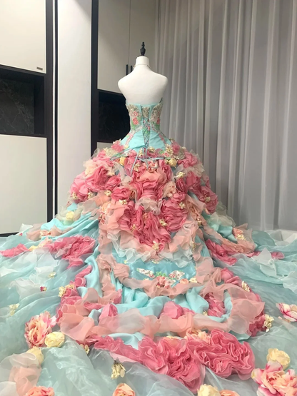 Colorful Ball Gown Strapless Tulle Floral Quinceanera Dress SP3833