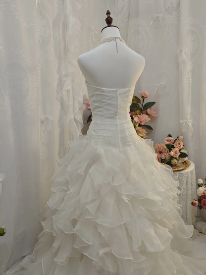 Pretty Strapless White Tulle Ruffles Long Wedding Dress Formal Bridal Dress SP2161