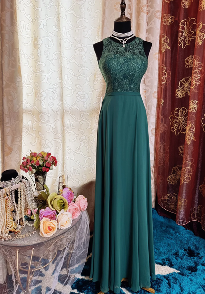 Vintage Green Sleeveless Chiffon Lace A Line Long Wedding Guest Dress Backless Party Dress SP2192