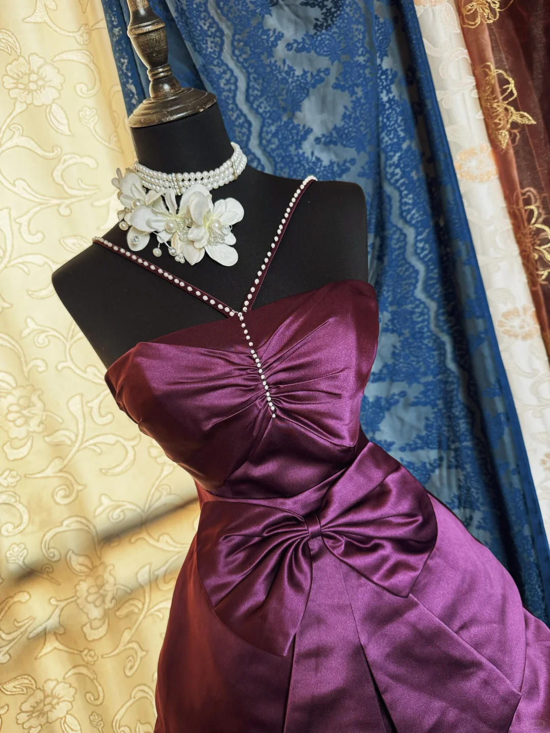 Vintage Purple Satin Bow Pleated Short Homecoming Dress Cocktail Dress With Beads SP2191