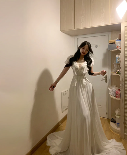 Pretty V Neck White Chiffon Ruffles Long Party Dress Guest Dress SP291
