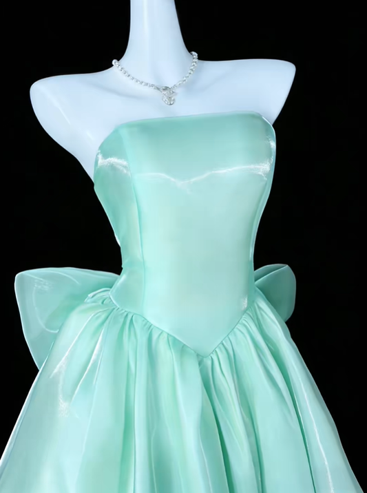 Cute Mint Green Strapless Satin Tulle A Line Short 7th Grade Homecoming Dress Birthday Dress With Bow SP3497