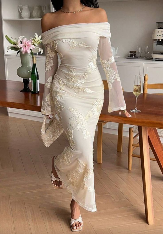 Pretty Apricot Off The Shoulder Chiffon Floral Mermaid Long Prom Dress Evening Dress SP1018