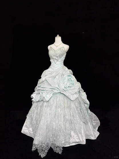 Glamorous Spaghetti Straps V Neck Lace Satin Pleated Floral Quinceanera Dress Sweet 16 Dress SP2219