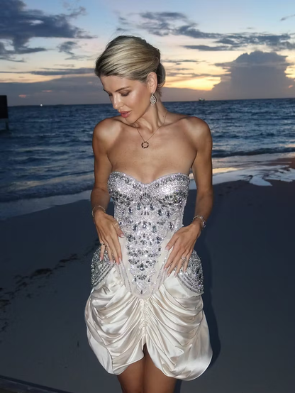 Stunning Sweetheart Neck Satin Beading Sequins Pleated Short Homecoming Dress Birthday Dress SP3818