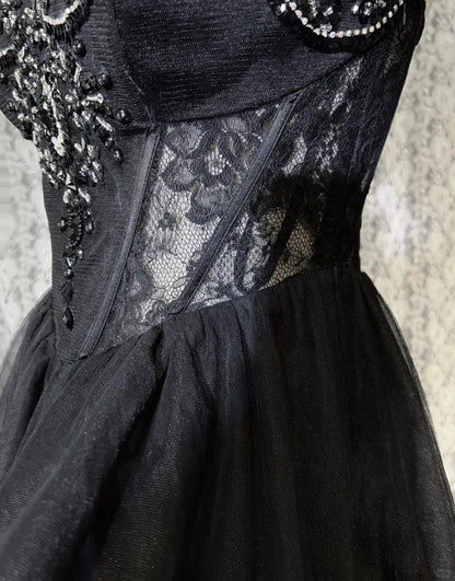 Retro Spaghetti Straps Tulle Beaded A Line Short 9th Grade Homecoming Dress,Black Short Prom Gown SP2916