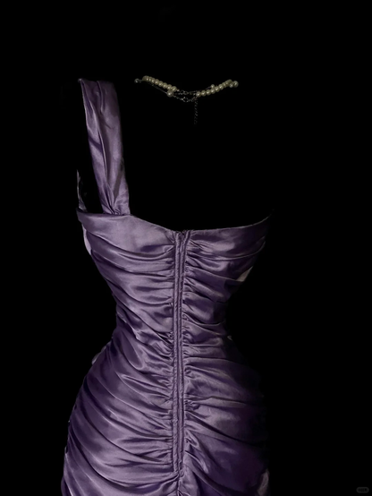 Elegant Purple Satin Pleated Mermaid Long Party Dress One Shoulder Long Birthday Prom Dresses SP4080