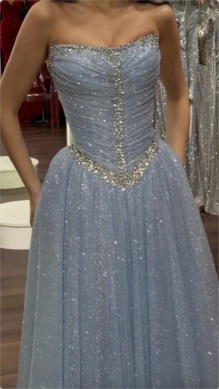Glitter Strapless Light Blue Tulle Sequin Beaded A Line Long Party Dress Birthday Prom Gowns SP4147