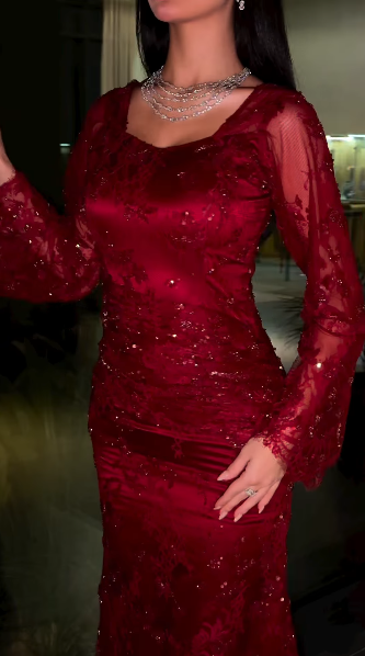 Elegant Burgundy Lace Beaded Mermaid Evening Dress Long Prom Dress SP844