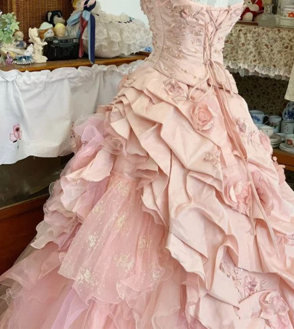 Pretty Pink Strapless Tulle Satin Appliques Sweet 16 Dress Ball Gown SP482
