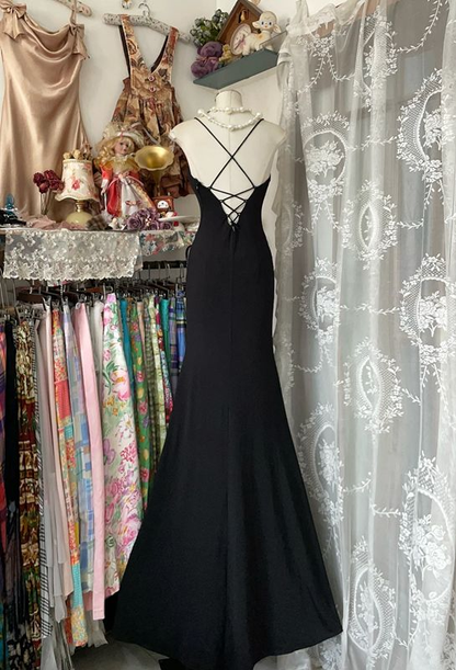 Vintage Spaghetti Straps V Neck Satin Beaded Mermaid Evening Dress Prom Gown SP748
