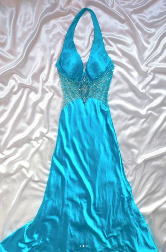 Elegant Halter Blue Satin Sequin Beaded Prom Dress Long Mermaid Party Dress SP413