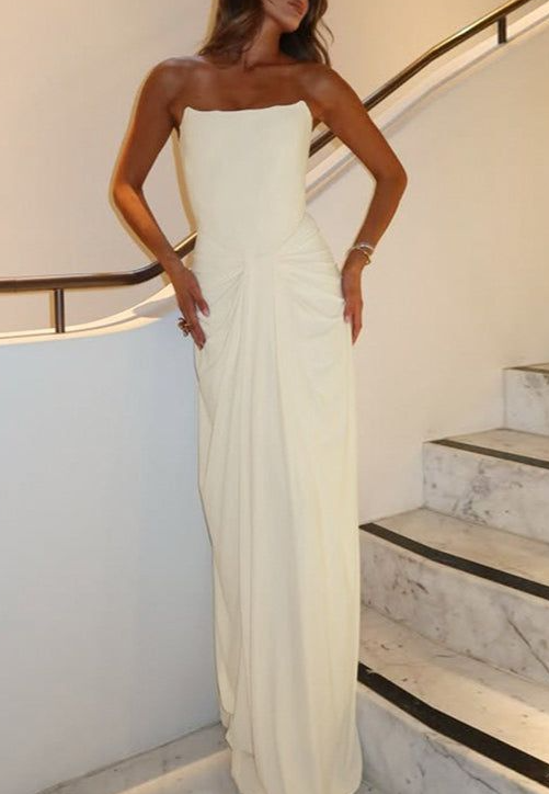 Stylish Strapless White Satin Pleated Long Evening Dress Prom Dresses SP519