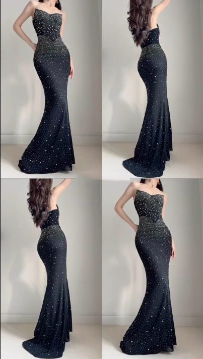 Stylish Strapless Black Satin Beaded Mermaid Long Party Dress Prom Gown SP900