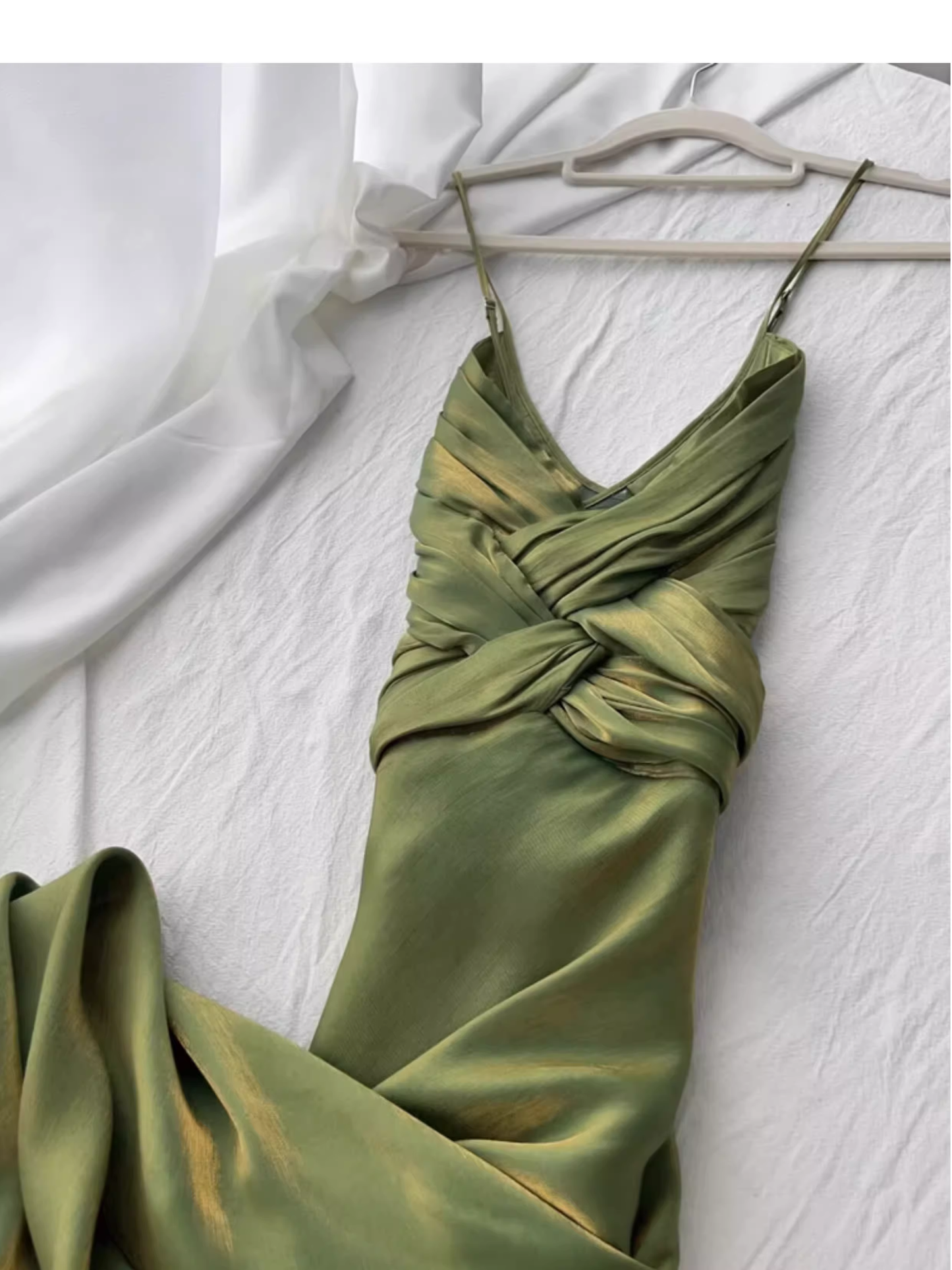 Elegant Green Spaghetti Straps Satin Mermaid Long Party Dress Formal Wedding Guest Dress SP1980