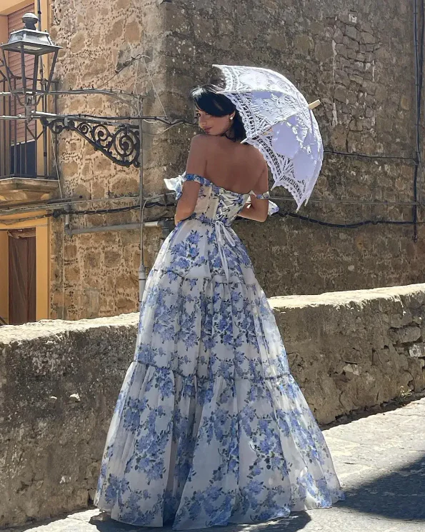 Blue Flower Pattern Prom Dress Spaghetti Strap Princess Formal Occasion Dresses A-line Party Dress Y2722