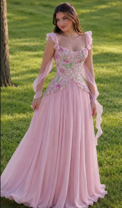 Classy Pink Chiffon Sequin Floral A Line Long Party Dress Prom Dress SP4301