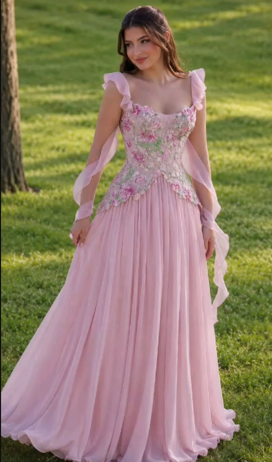 Classy Pink Chiffon Sequin Floral A Line Long Party Dress Prom Dress SP4301