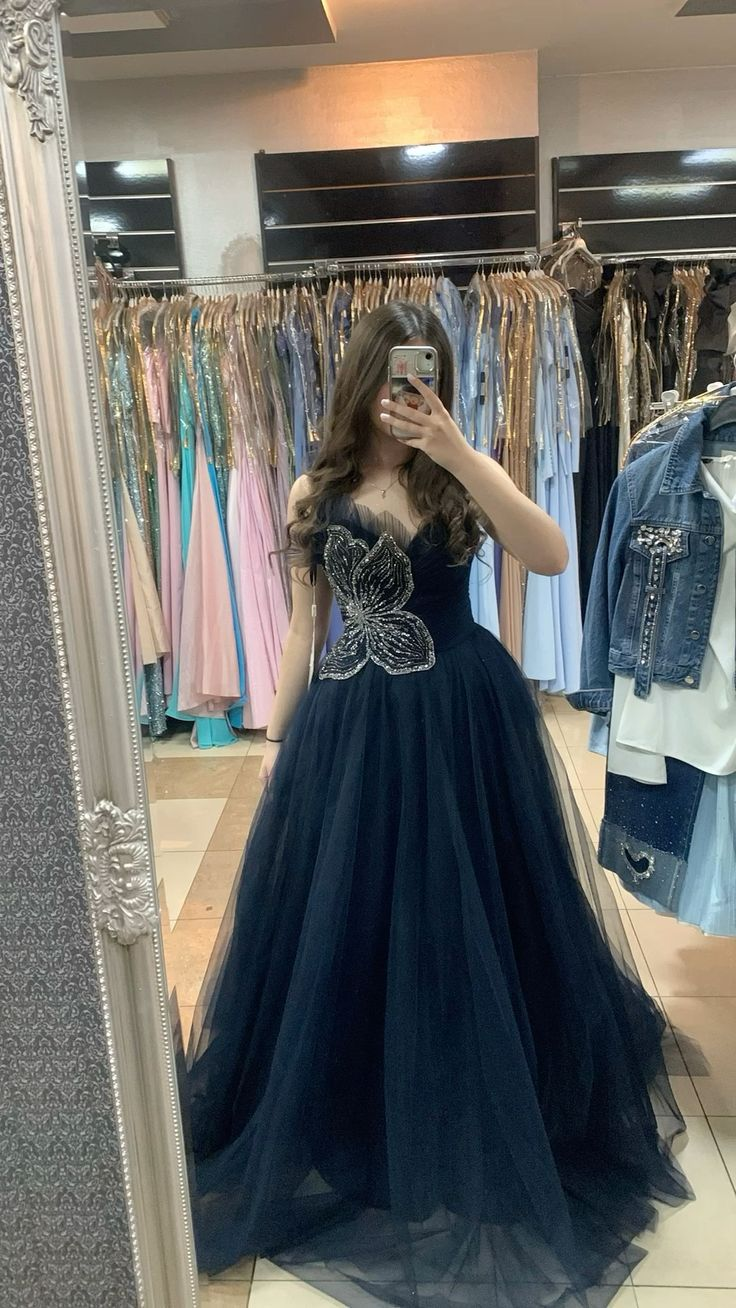 Pretty Navy Blue Tulle Butterfly A Line Long Party Dress Prom Gown SP4239