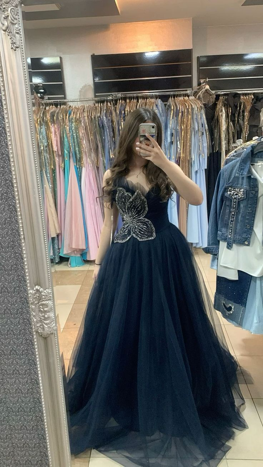 Pretty Navy Blue Tulle Butterfly A Line Long Party Dress Prom Gown SP4239