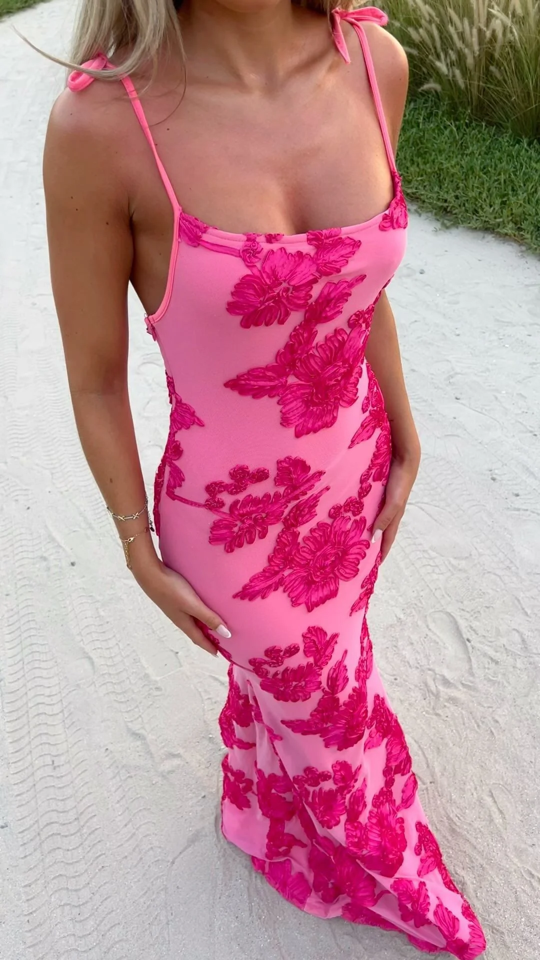 Classy Spaghetti Straps Hot Pink Satin Flowers Mermaid Party Dress Long Birthday Prom Gown SP958