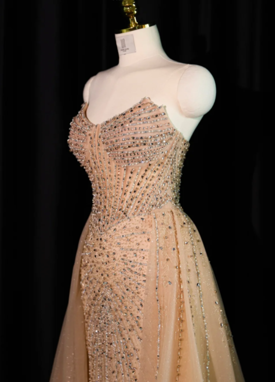 Luxurious Champagne Strapless Tulle Beaded Mermaid Long Evening Dress 18th Birthday Dress SP2233