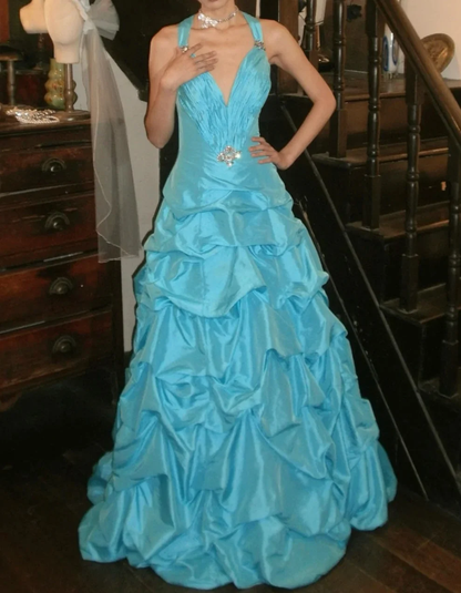 Pretty V-neck Satin Pleated Blue Long Birthday Party Dress Prom Gown SP3835