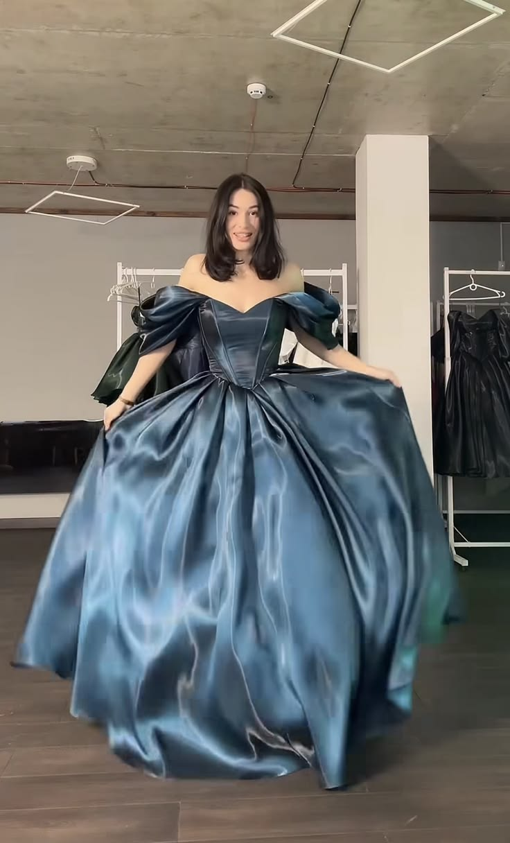 Elegant Off The Shoulder Ball Gown Blue Satin Long Party Dress Birthday Dress SP2144