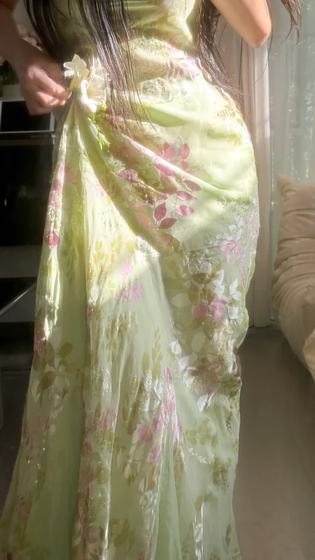 Pretty Light Green Spaghetti Straps Chiffon Print Floral Mermaid Long Birthday Dress Evening Dress SP2268